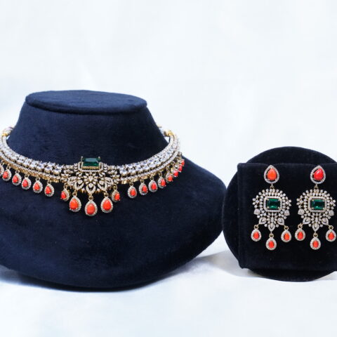 Victorian cz kante necklace with coral drop and earrings (NFN109)