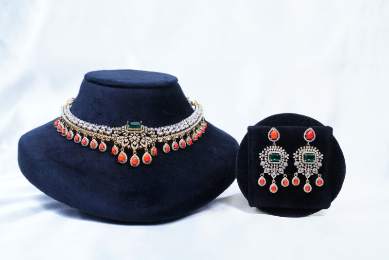 Victorian cz kante necklace with coral drop and earrings (NFN109)