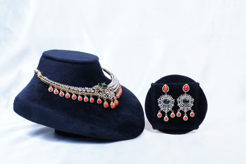 Victorian cz kante necklace with coral drop and earrings (NFN109) - Image 5