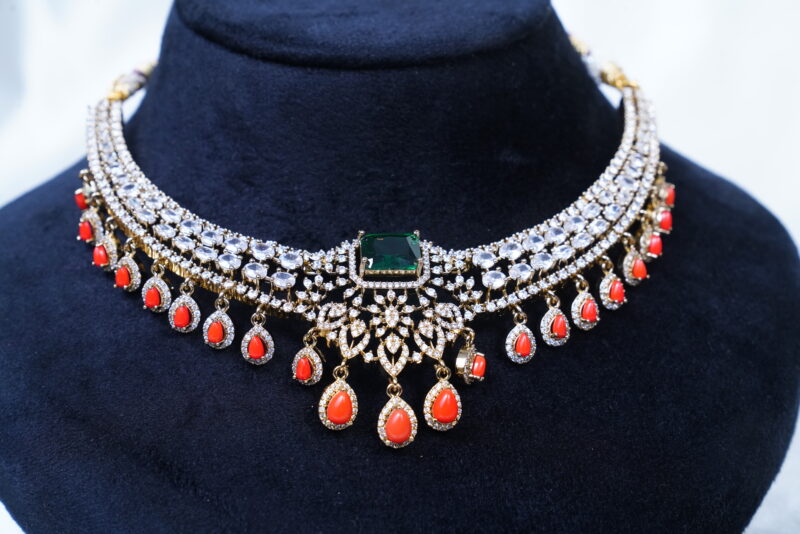 Victorian cz kante necklace with coral drop and earrings (NFN109) - Image 2