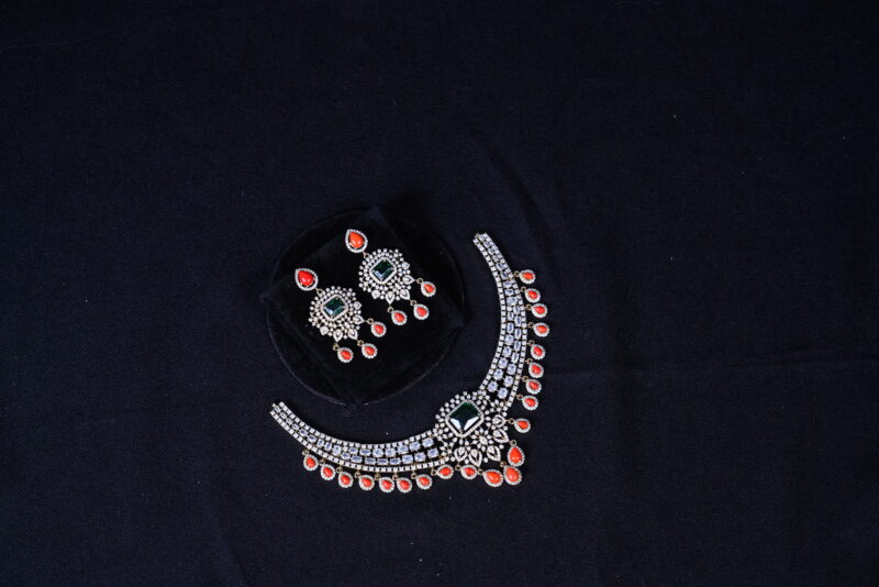 Victorian cz kante necklace with coral drop and earrings (NFN109) - Image 4
