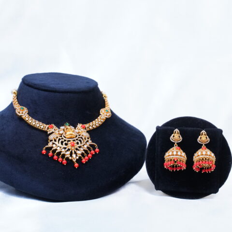 Gold Lakshmi cz kante necklace in coral with jhumki earrings (NFN110)