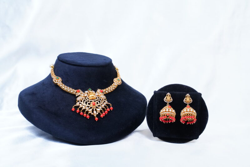 Gold Lakshmi cz kante necklace in coral with jhumki earrings (NFN110)