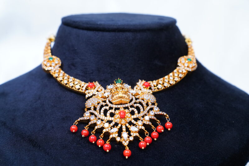 Gold Lakshmi cz kante necklace in coral with jhumki earrings (NFN110) - Image 2
