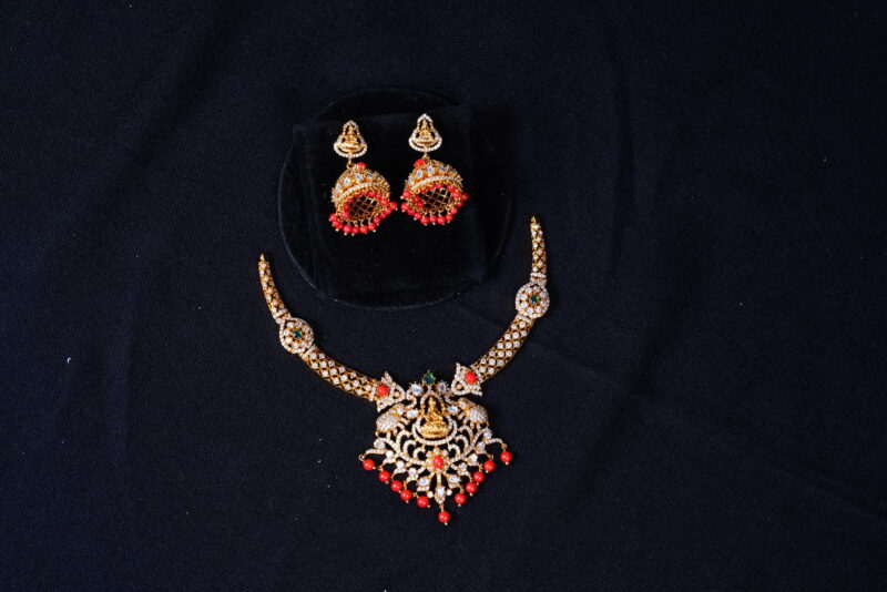 Gold Lakshmi cz kante necklace in coral with jhumki earrings (NFN110) - Image 4