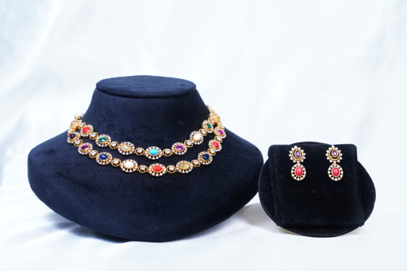 Two layer navaratna necklace with earrings NFN115