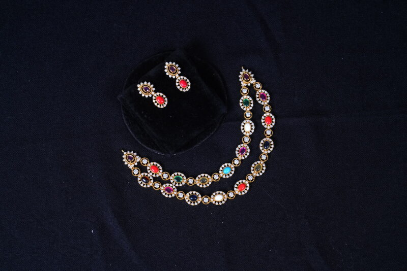 Two layer navaratna necklace with earrings NFN115 - Image 2