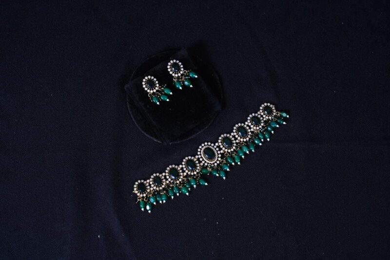 Victorian green choker necklace with earrings NFN121G - Image 4