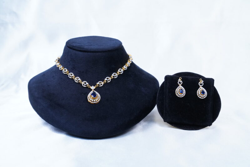 Simple Diamond Necklace With Earrings In Blue NFN122B - Image 4