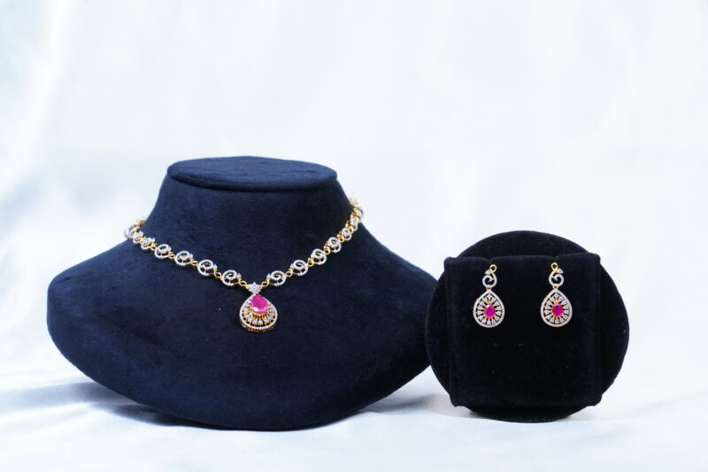 Simple Diamond Necklace With Earrings In Pink NFN122P - Image 4