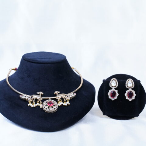 Deer hasli/kante necklace with earrings in pink (NFN124P)