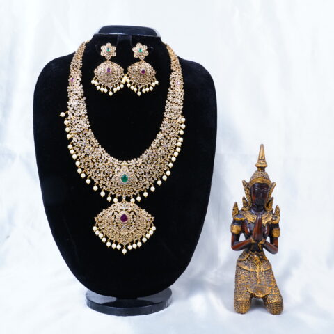 Antique gold uncut long necklace with earrings (NFN129)