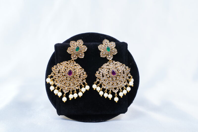 Antique gold uncut long necklace with earrings (NFN129) - Image 2