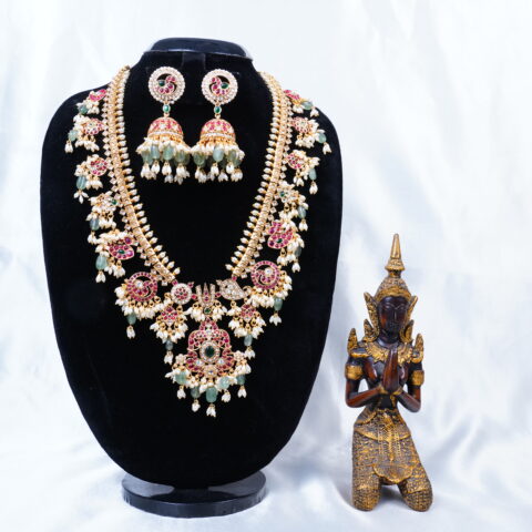 Guttapusalu kempu kundan long necklace with jhumki earrings (NFN130)