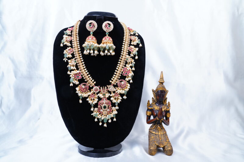 Guttapusalu kempu kundan long necklace with jhumki earrings (NFN130)