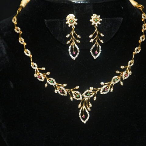 Simple leaf pattern cz necklace with earrings NFN139