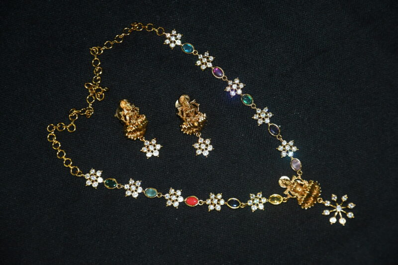 Antique Lakshmi navaratna star necklace with earrings NFN142 - Image 2