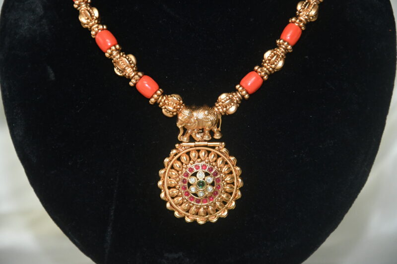 Antique coral kempu necklace with earrings NFN145 - Image 2