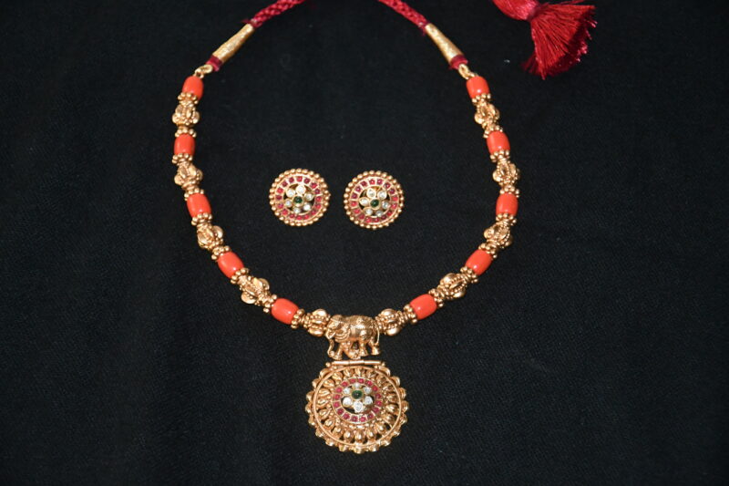 Antique coral kempu necklace with earrings NFN145 - Image 4