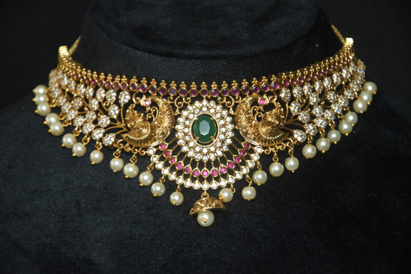 Antique peacock choker necklace with earrings - Image 2