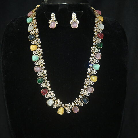 Multicolour carved beads long necklace with earrings (NFN158)