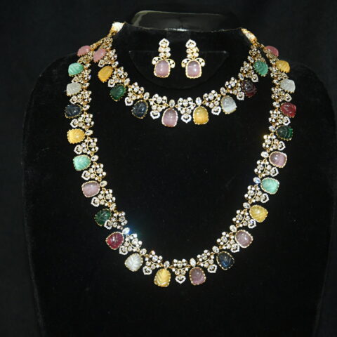 Multicolour carved beads short and long necklace with earrings combo (NFN160)