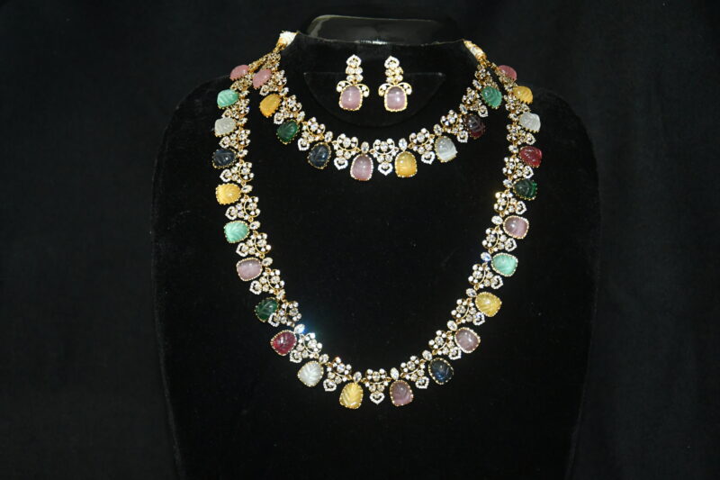 Multicolour carved beads short and long necklace with earrings combo (NFN160)