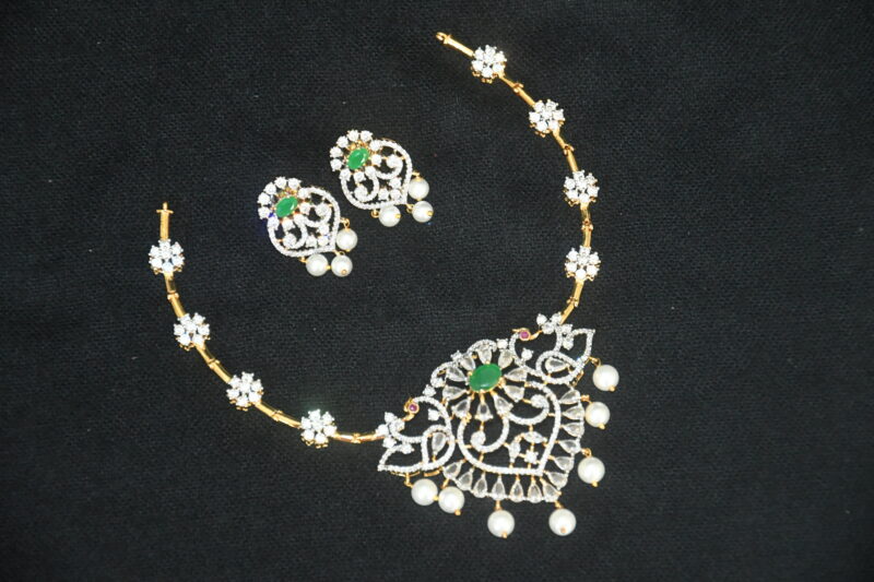Diamond Green Kante Necklace With Earrings NFN161G - Image 2