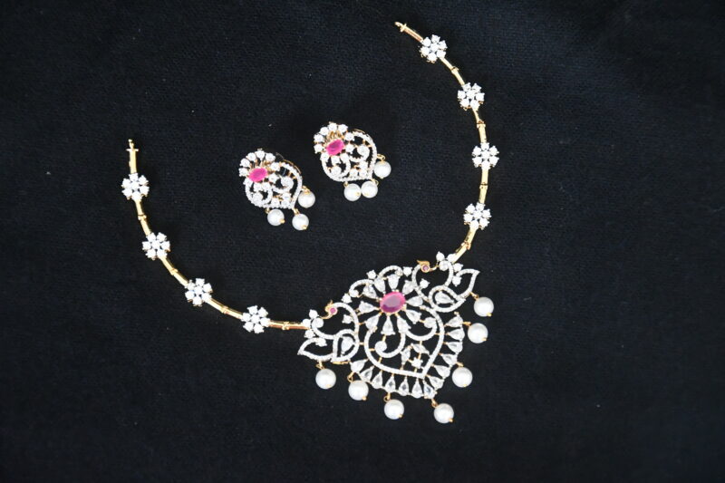 Diamond Pink Kante Necklace With Earrings NFN161P - Image 2