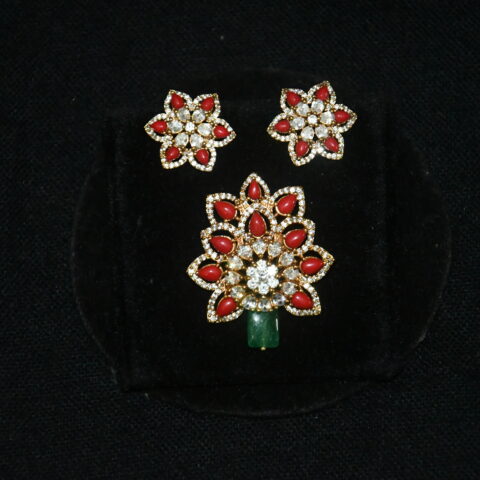 Coral cz pendant with earrings NFP15