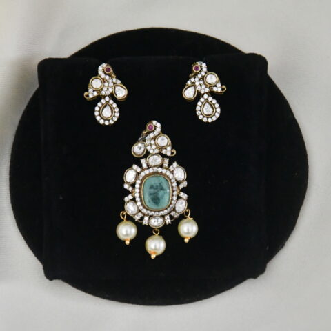 Victorian peacock pendant in light blue with earrings NFP19LB