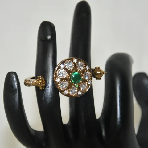 Peacock Double Finger Ring in Green with antique finish and detailed feather design by nischala fashions
