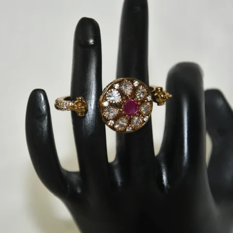 Peacock Double Finger Ring in Pink with intricate feather design and antique finish by nischala fashions