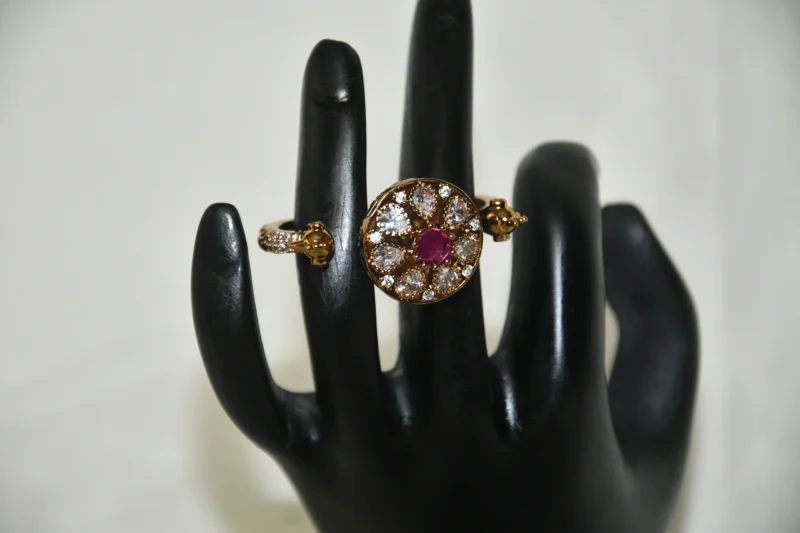 Peacock Double Finger Ring in Pink with intricate feather design and antique finish by nischala fashions