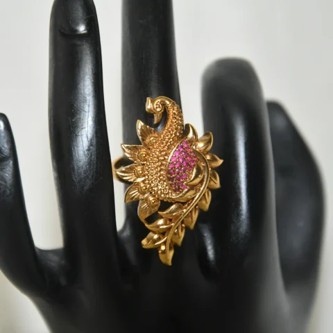 Antique Peacock Finger Ring with pink CZ stones and gold finish by nischala fashions