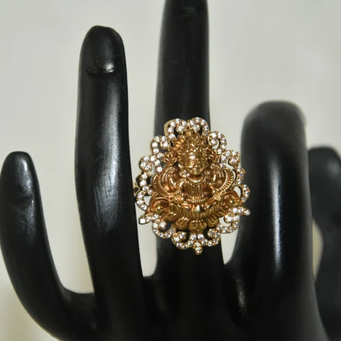 Antique Lakshmi Finger Ring with CZ stones and gold finish by nischala fashions