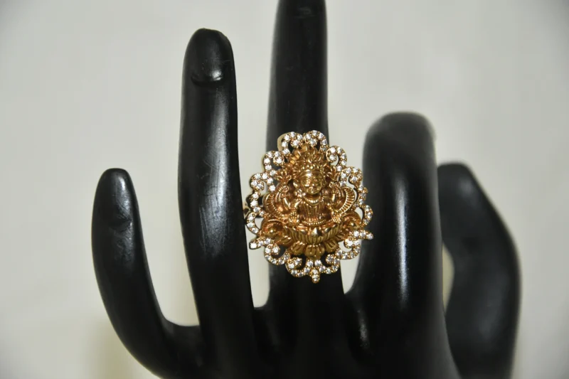 Antique Lakshmi Finger Ring with CZ stones and gold finish by nischala fashions