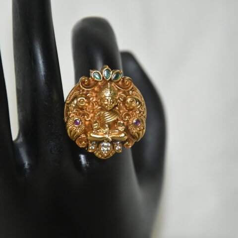 Antique Lakshmi with Bird Finger Ring in temple jewelry design and gold finish by nischala fashions