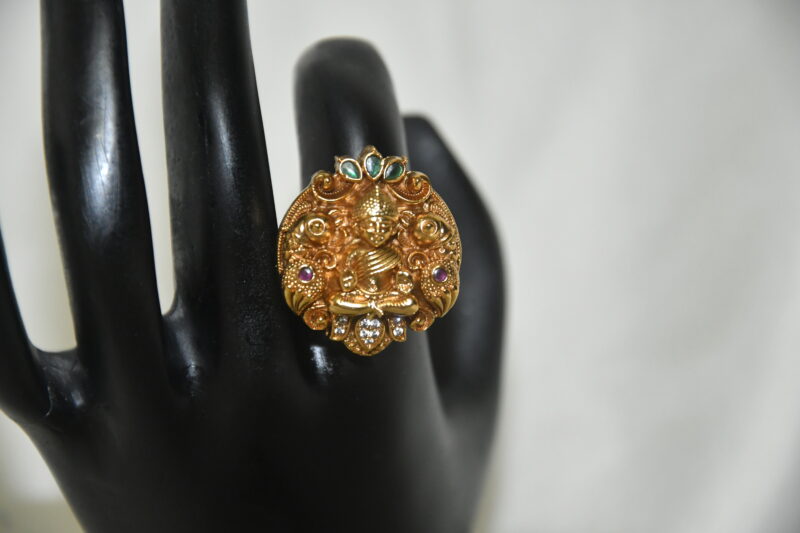 Antique Lakshmi with Bird Finger Ring in temple jewelry design and gold finish by nischala fashions