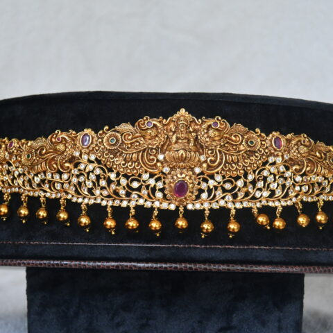 Antique Lakshmi CZ Waistbelt with gold balls hanging and traditional stonework by nischala fashions
