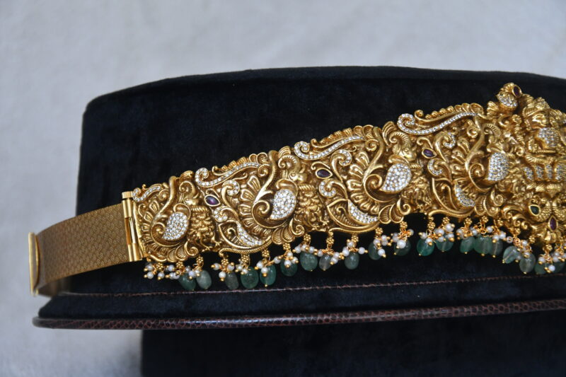 Antique grand Lakshmi cz waistbelt with green beads hanging NFW09 - Image 2