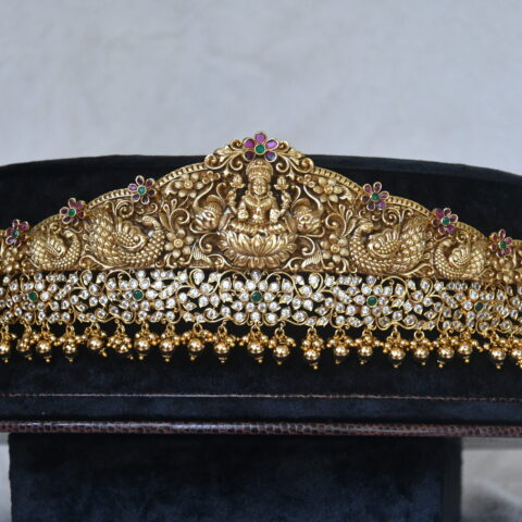 Antique Lakshmi uncut waistbelt with gold balls hanging by Nischala Fashions