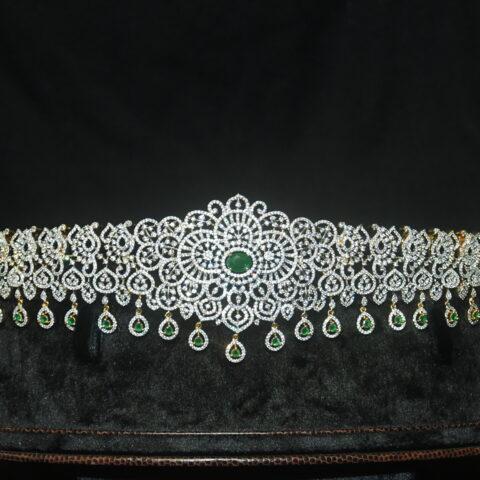 Diamond waistbelt with green drop hanging by Nischala Fashions