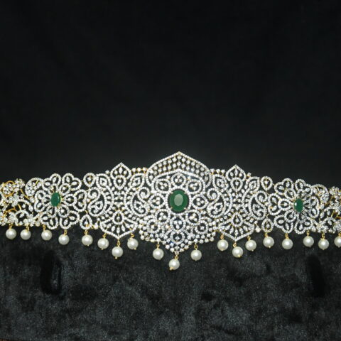 Diamond green stone waistbelt with pearl hanging by Nischala Fashions