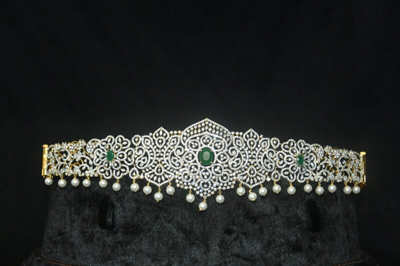Diamond green stone waistbelt with pearl hanging by Nischala Fashions