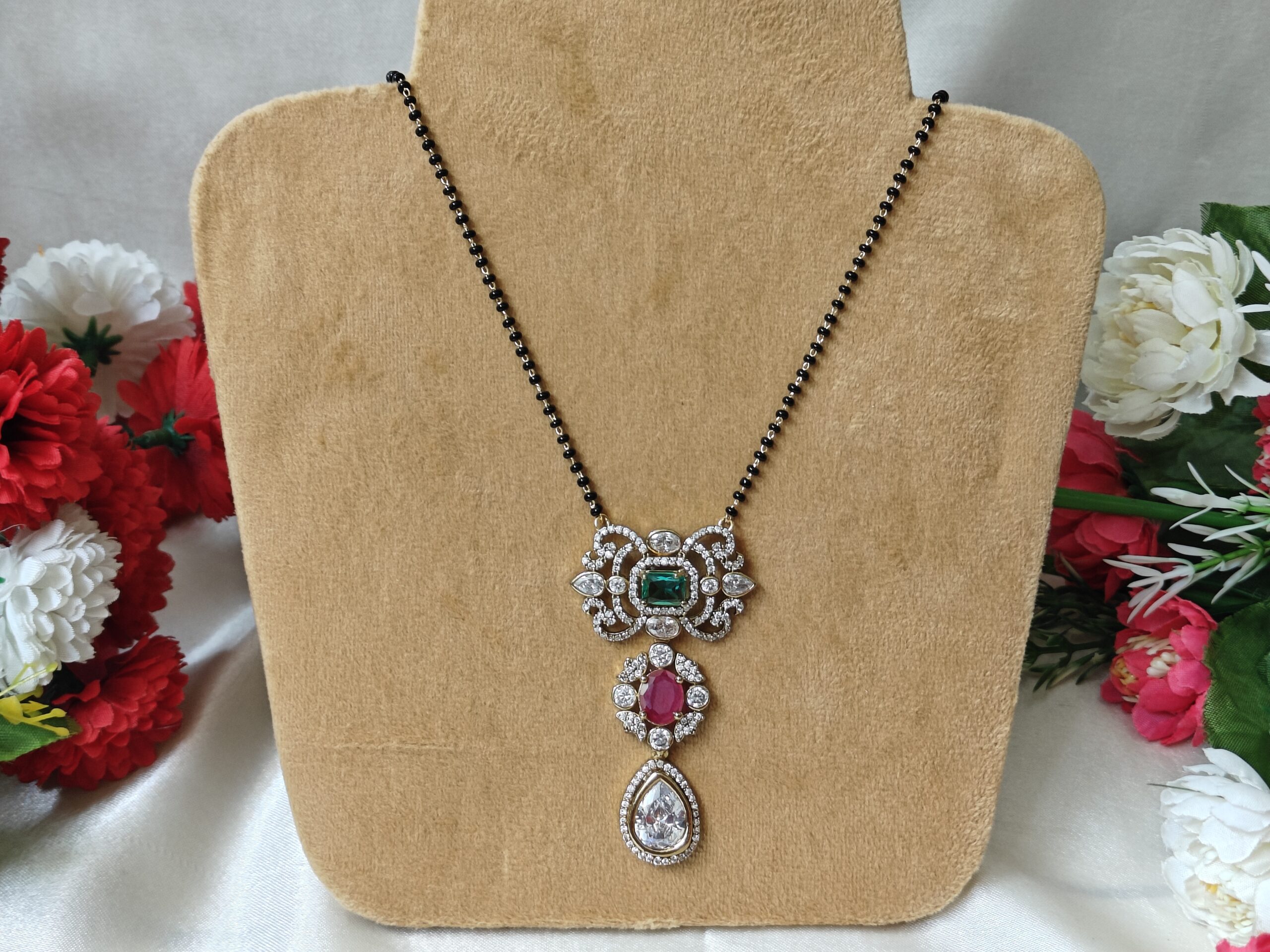 Black Beads with victorian Polki Pendant NFBB26