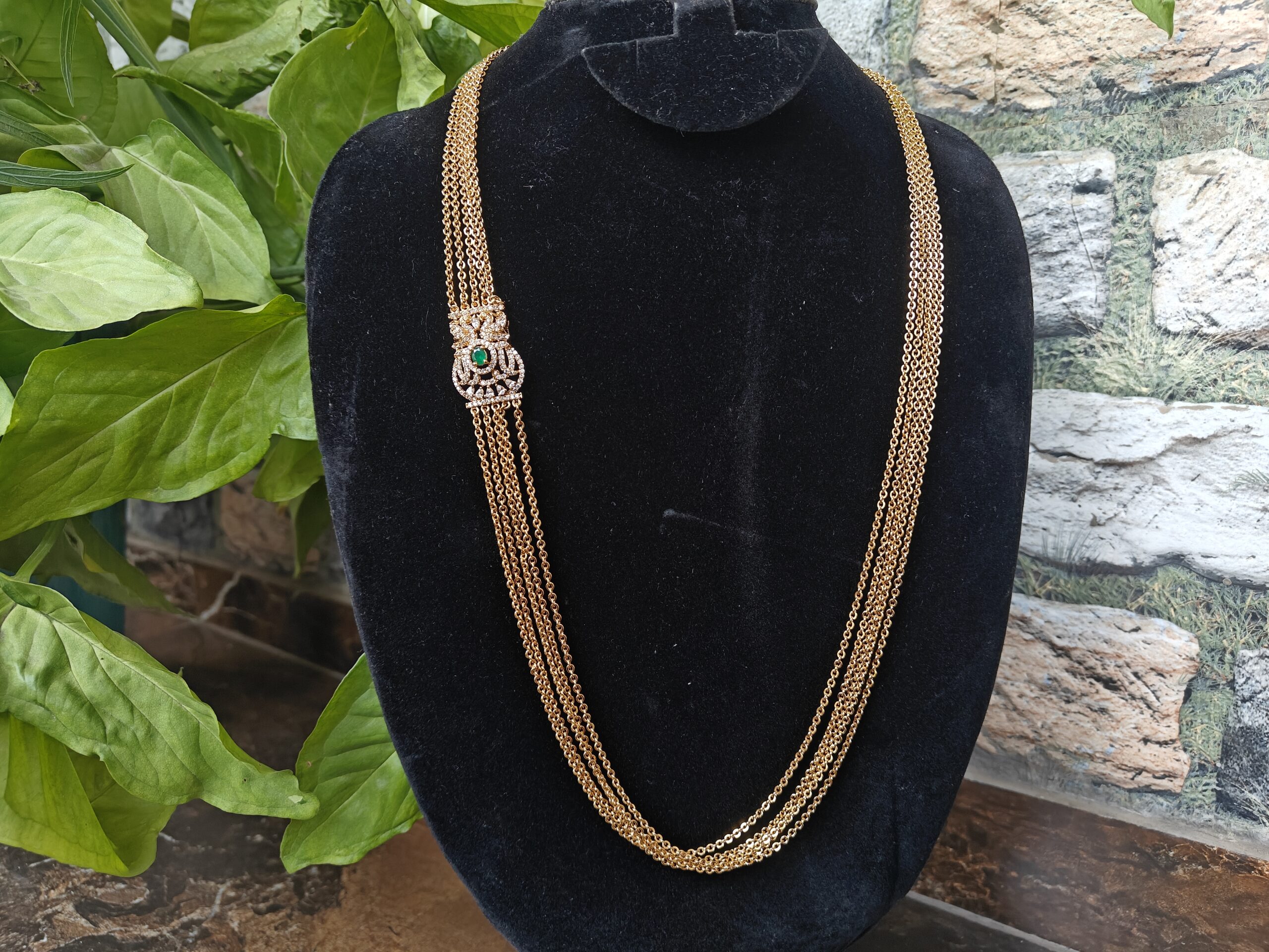 5 Layer Chandraharam Chain with Green peacock CZ Side Pendant NFC24