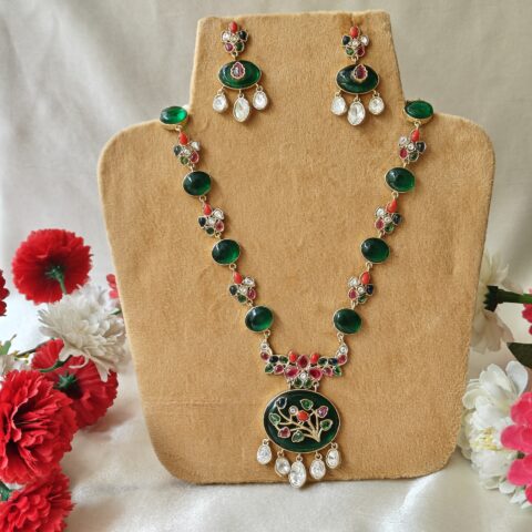 Polki multicolour Necklace with earrings NFN178