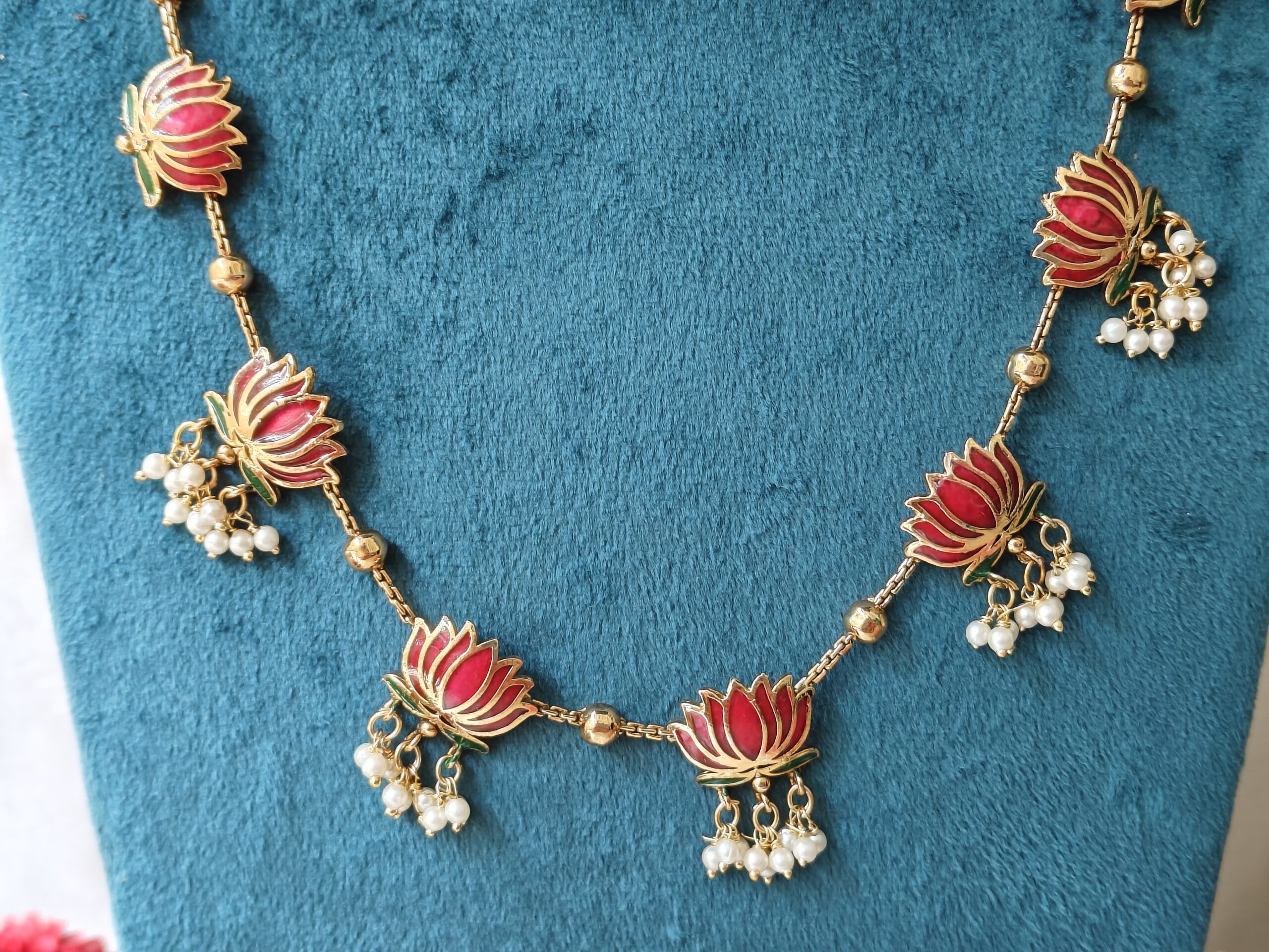 Antique Lotus long necklace with pearls NFN182 - Image 2
