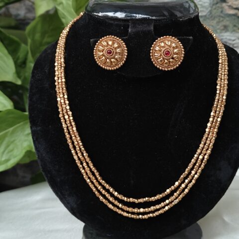 Gold beads 3layer necklace with studs NFN208